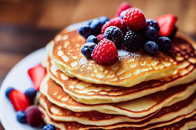 Golden appetizing pancake stack with fresh berries and powdered sugar