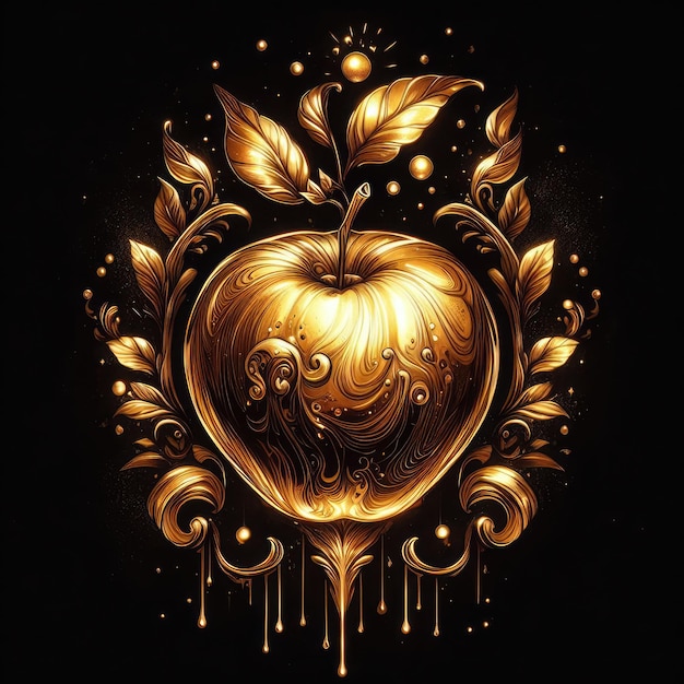 Golden apple on black background