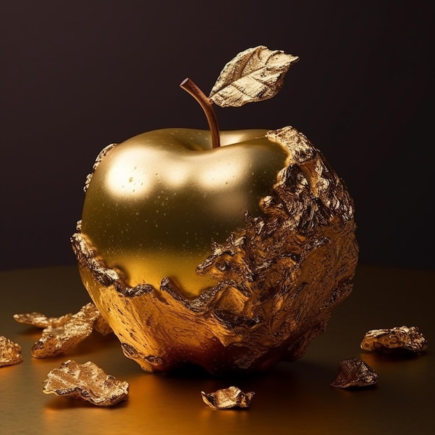 a golden apple with a leaf on it