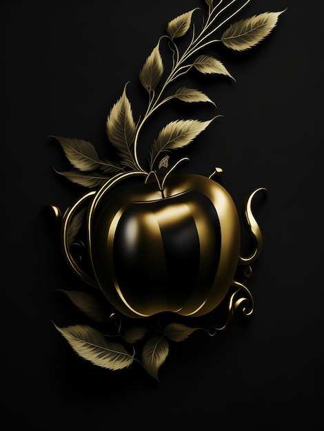 A golden apple with leaves and a branch with the word apple on it