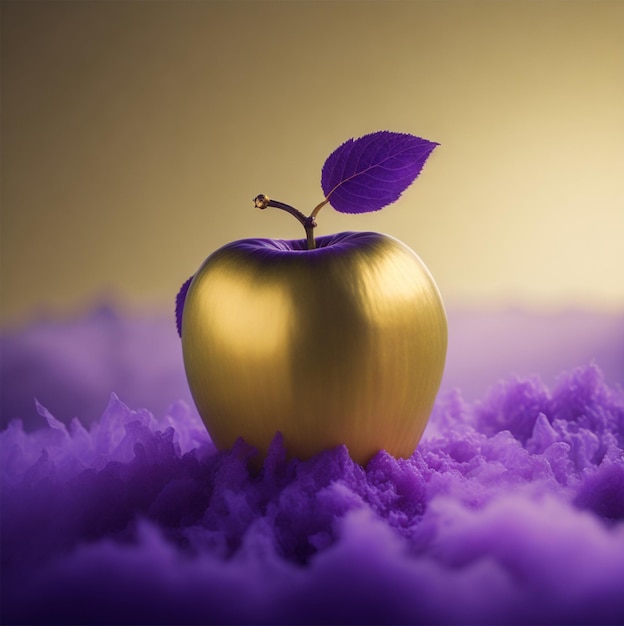 A golden apple with purple clouds and purple clouds in the background.