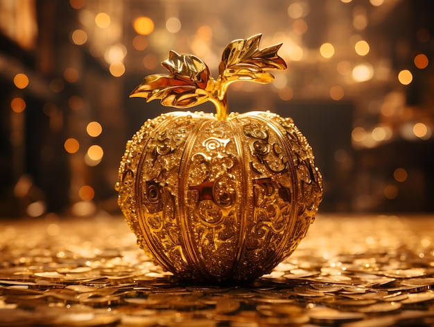 Золотое яблоко на деревянном фоне. Концепция Рождества и Нового года.