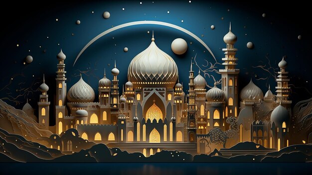 golden arab palace greeting lights up at night fairy tale black background.