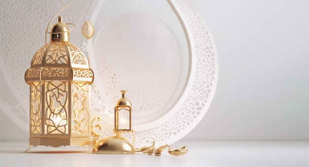 イスラムのお祝いの日の背景に金色のアラビアン ランタン