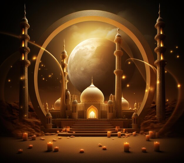 A golden arabic backdrop with mosque and crescent moon