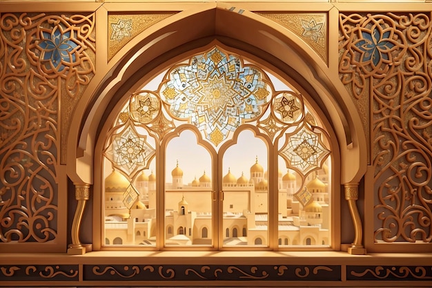 아랍어 황금 장식 창 전통 이슬람 패턴