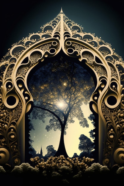 Photo golden arch with a tree in the middle generative ai
