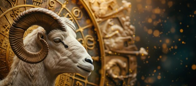 Golden aries zodiac horoscope sign on wheel of esoteric astrology calendar concept Generated AI