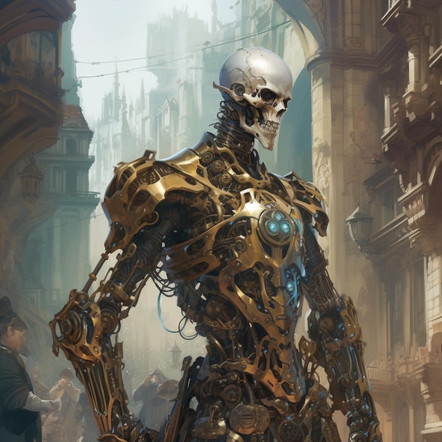 Golden armored skeleton standing remains city Ai generated art