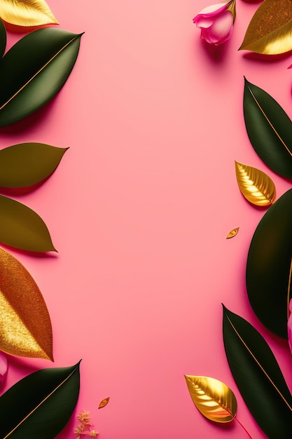 Golden artificial leaves on a pink background with copy space for text minimal style flat lay