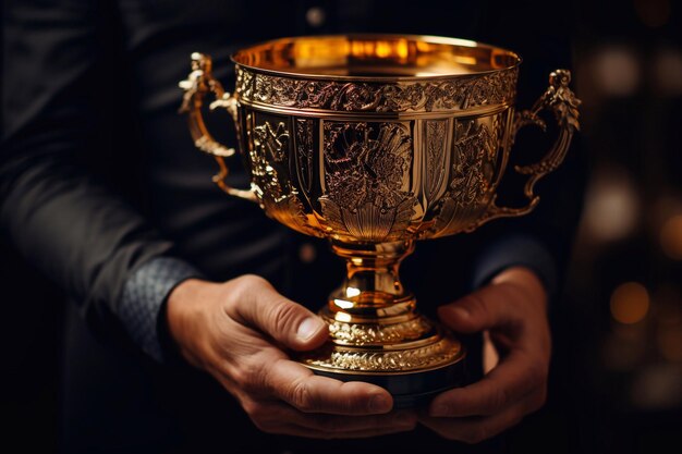 Golden Aspirations Hand Holding Cup of Success Trophy Shaped by Generative AI