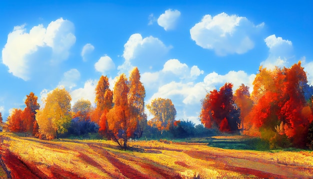 Golden autumn in the forest and blue cloud sky