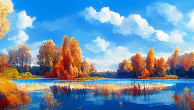 Golden autumn in the forest by the lake and blue cloud sky