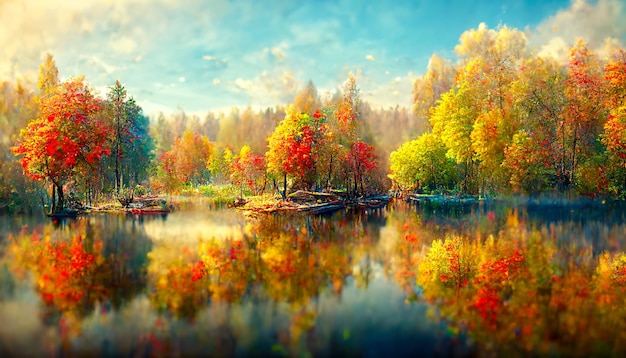 Golden autumn in the forest by the lake