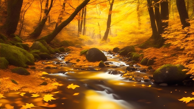 森の中の黄金の秋 明るい日差しの中、黄色い木々が茂る森の中の小川 生成AI