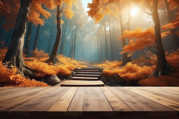 golden autumn forest and wooden desk of space for your decoration