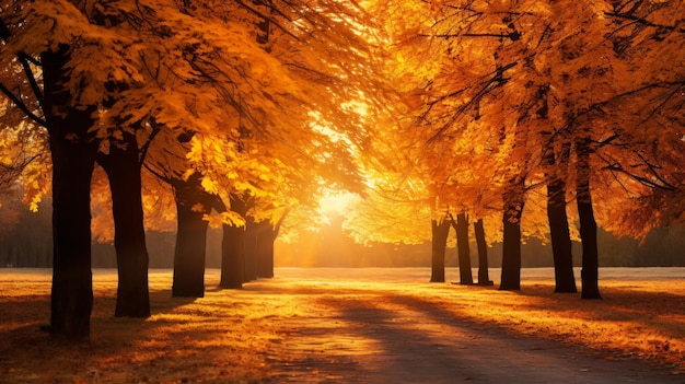 Golden autumn landscape with yellow trees and sun