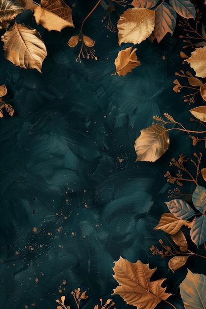 Golden Autumn Leaves on Dark Teal Texture