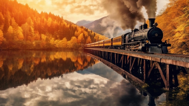 golden autumn steam locomotive in the mountains