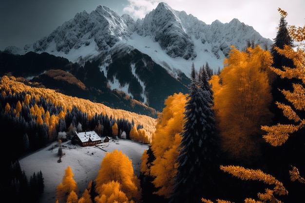 Golden autumn with the first snowfall in the Carpathian mountains