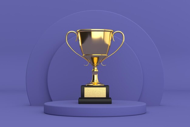 Golden Award Trophy Cup over Violet Very Peri Cylinders Products Stage Pedestal on a Violet Very Peri background 3d Rendering