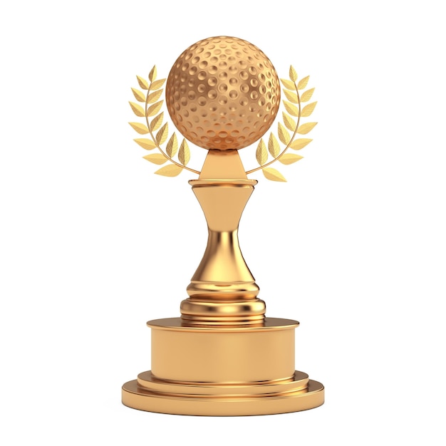 Golden Award Trophy met gouden golfbal en lauwerkrans 3D-rendering