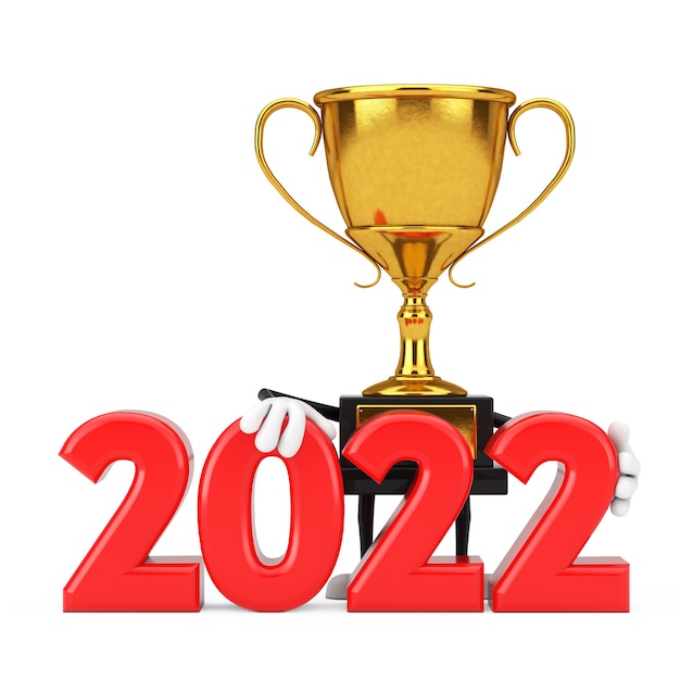 Photo golden award winner trophy mascot person character with 2022 new year sign on a white background. 3d rendering