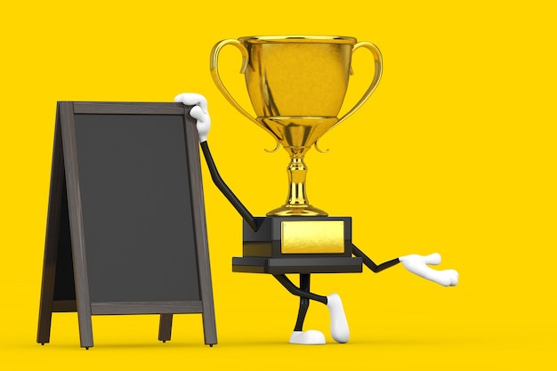 Golden Award Winner Trophy Mascot Person Character with Blank Wooden Menu Blackboards Outdoor Display on a yellow background. 3d Rendering