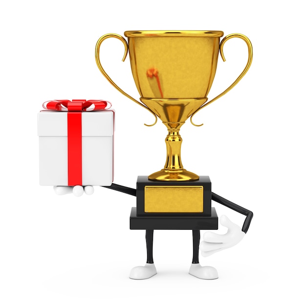 Golden Award Winner Trophy Mascot Person Character with Gift Box and Red Ribbon on a white background. 3d Rendering