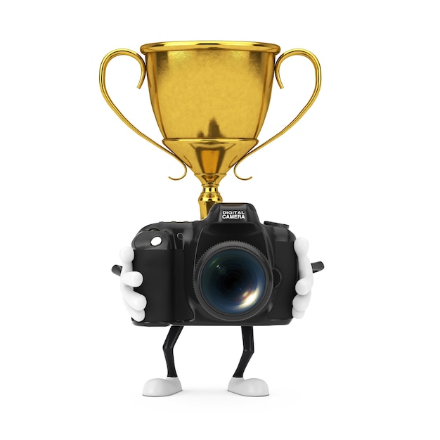 Golden Award Winner Trophy Mascot Person Character with Modern Digital Photo Camera on a white background. 3d Rendering