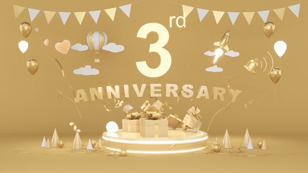 Immagine di sfondo dorato per l'anniversario di 3 anni, 3 anni, anniversario, rendering 3d