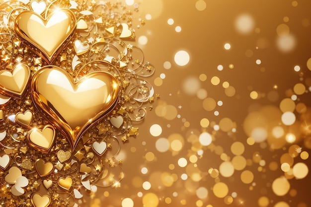 Golden background with shiny and sparkling heart shapes