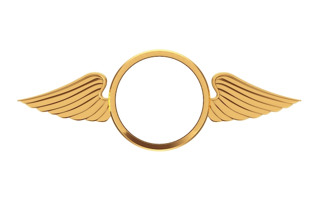 Golden Badge with Wings and Free Space for Your Design on a white background. 3d Rendering