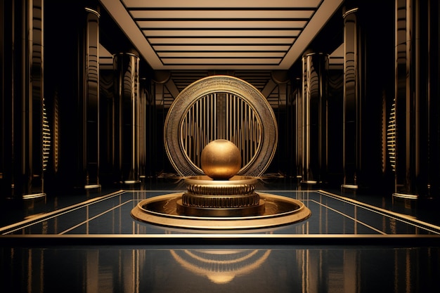 A golden ball in a room with columns and a fountain.