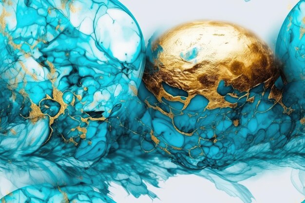 Golden ball with blue and gold paint splatters around it Generative AI