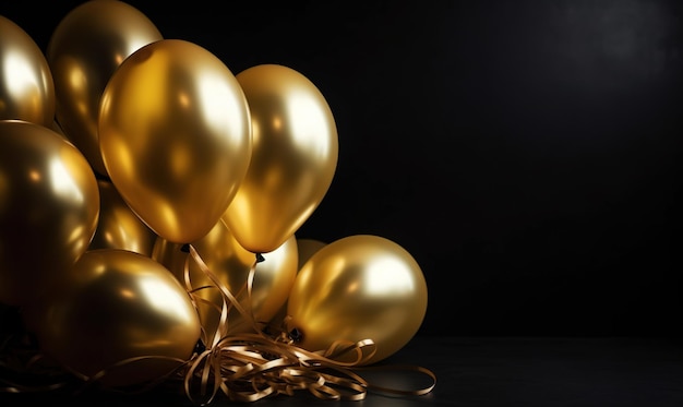 Golden balloons against a black screen