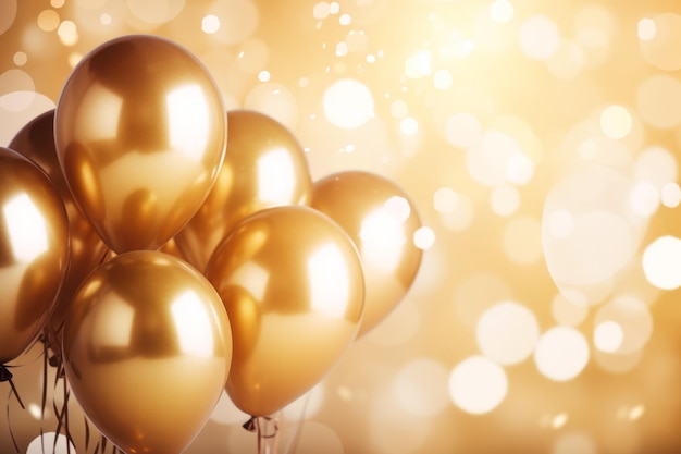 Golden balloons in the air celebration party adorned with bokeh background copy space Generative AI