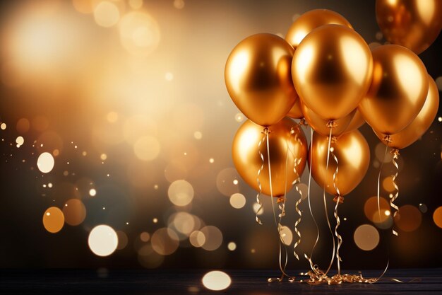 Golden balloons and confetti on a bokeh background 3D rendering