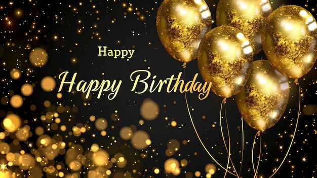 Golden balloons and magical bokeh background with sparkles simple birthday greeting card design