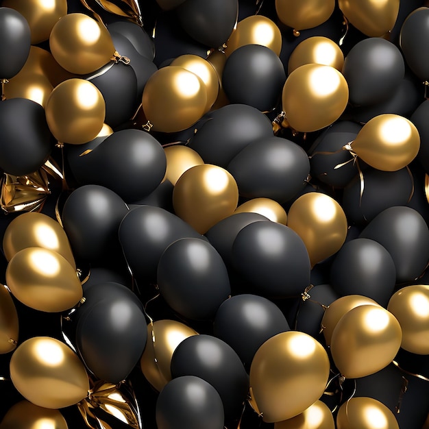 Golden balloons softly glow on a black background