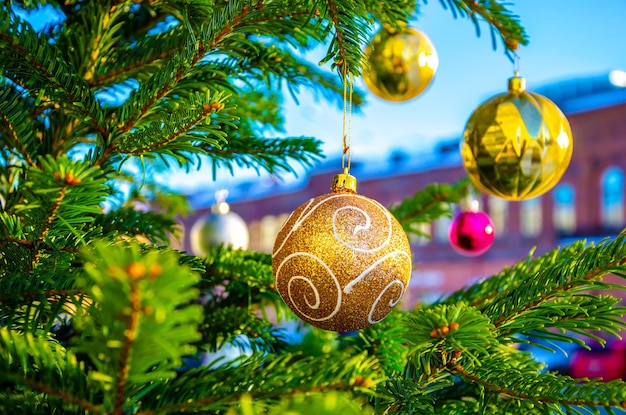 Golden balls on the Christmas tree.