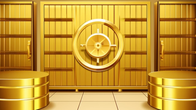 Golden bank vault door with golden coins generative ai