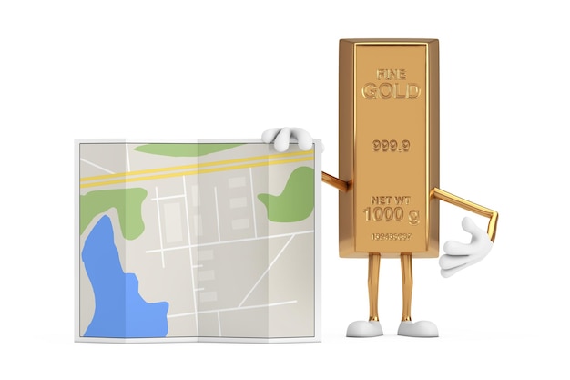 Golden Bar Cartoon Person Character Mascot met Abstract City Plan Map op een witte achtergrond 3D-rendering