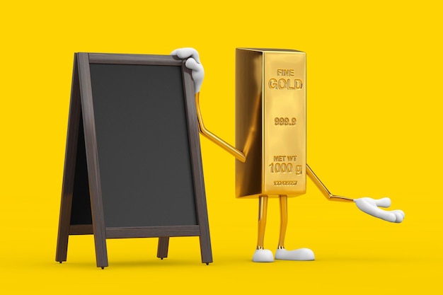 Golden Bar Cartoon Person Character Mascot met Blank Houten Menu Blackboards Outdoor Display op een gele achtergrond 3D-rendering