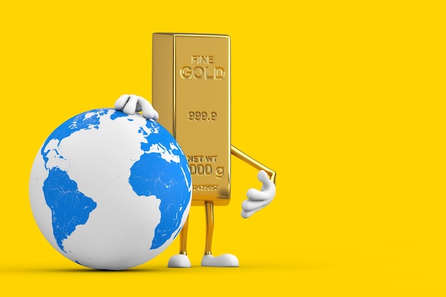 Golden Bar Cartoon Person Character Mascot met Earth Globe op een gele achtergrond 3D-rendering