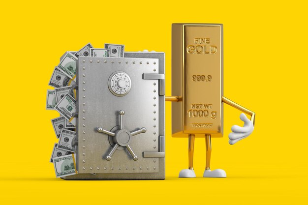 Golden Bar Cartoon Person Character Mascot met kluis of kluis vol dollarbiljetten op een gele achtergrond 3D-rendering
