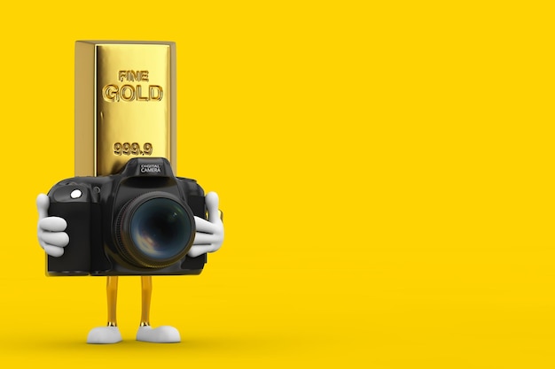 Golden Bar Cartoon Person Character Mascot met moderne digitale fotocamera op een gele achtergrond 3D-rendering
