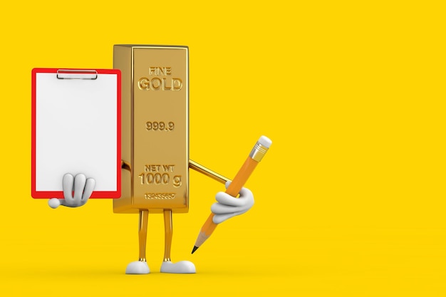 Foto golden bar cartoon person character mascot met rood plastic klembordpapier en potlood op een gele achtergrond 3d-rendering