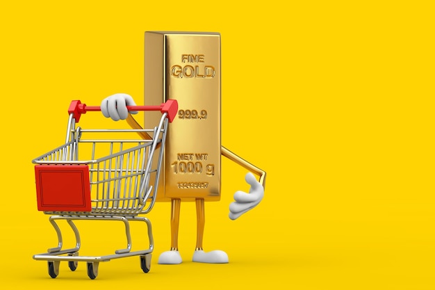 Golden Bar Cartoon Person Character Mascot met Shopping Cart Trolley op een gele achtergrond 3D-rendering