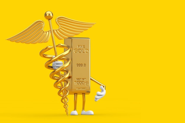 Golden Bar Cartoon Person Character Mascot with Golden Medical Caduceus Symbol on a yellow background 3d Rendering